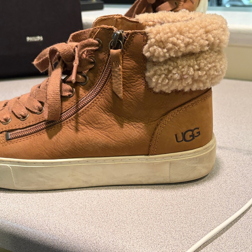 UGG Tan Leather Sneakers with Shearling Collar